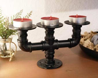 Industrial 3-flame candlestick made of black steel tubing – Solid candle holder made of 3/4 inch tubing