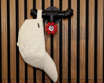 Industrial-style black coat hook with red valve | Steampunk metal wall hook for hallway, bathroom & living room | Clothes hook