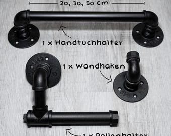 Bathroom set, 3-piece, black, towel rack, toilet paper holder and wall hooks in industrial style
