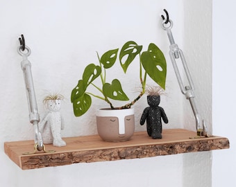Floating hanging shelf made of solid wood with natural edge – Industrial wall shelf with tension screws (40/50/60 cm)