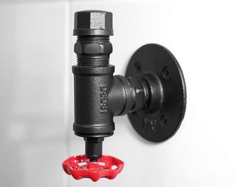 Industrial wall hook, black with red valve | Steampunk metal coat hook for bathroom, hallway & living room | Clothes hook