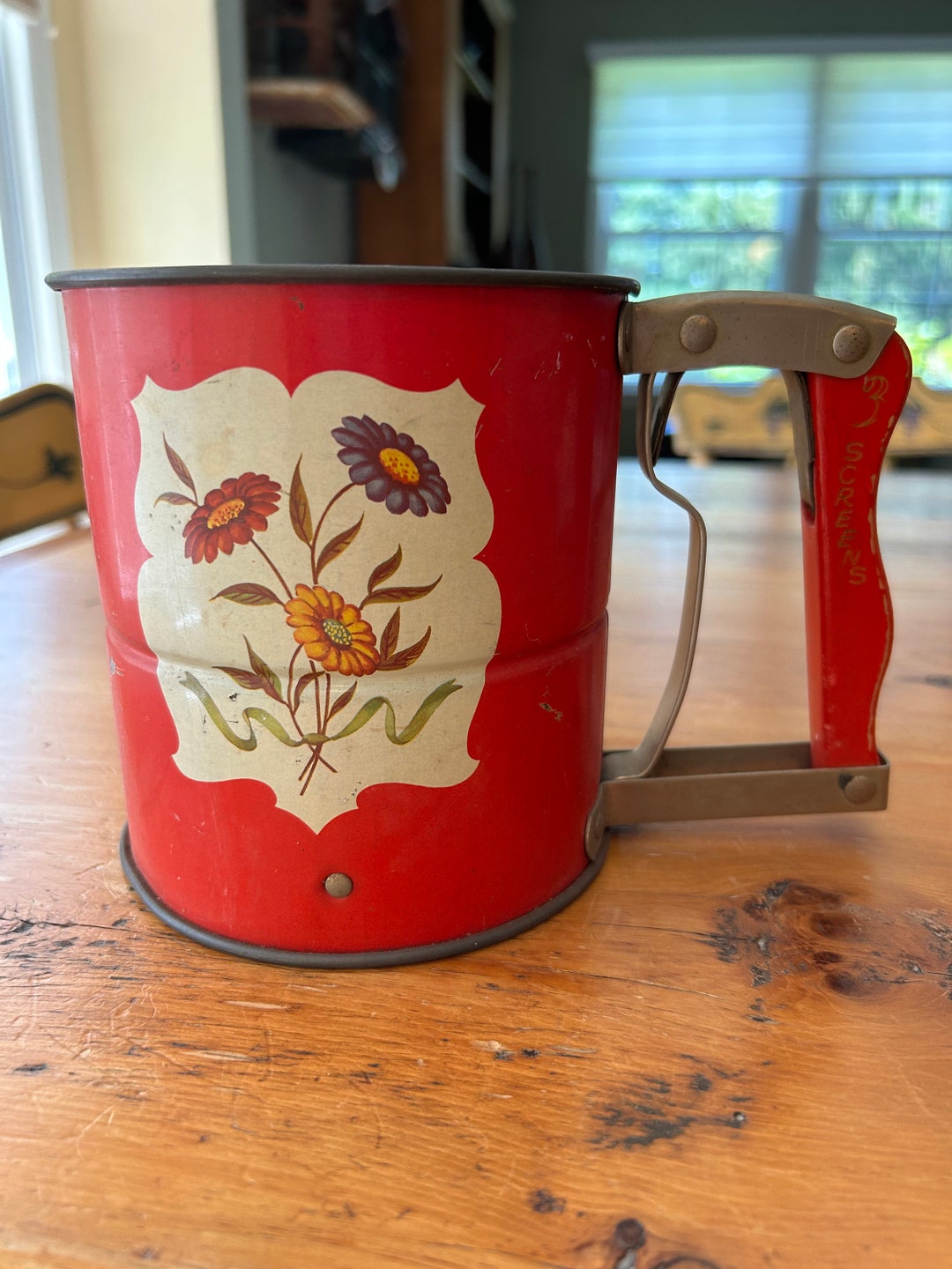 Vintage ANDROCK HANDISIFT 3 Screen Flour Sifter Red Floral Etsy