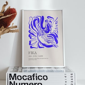Può includere: Una stampa incorniciata con un design astratto blu e la parola "FIKA" in testo nero. La definizione di "FIKA" è scritta sotto in testo più piccolo. La stampa è appoggiata su una pila di libri con la parola "Mocafico Numero" stampata in testo nero sul libro superiore.