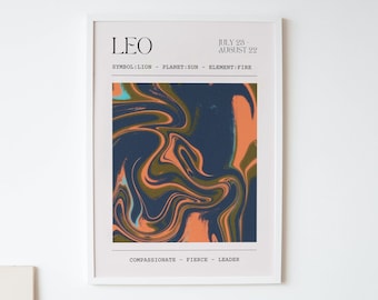Może przedstawiać: Drukowany plakat z abstrakcyjnym wzorem w kolorze niebieskim, pomarańczowym i zielonym. Plakat przedstawia znak zodiaku Lew z datami od 28 lipca do 22 sierpnia. Tekst zawiera również symbol, planetę i żywioł znaku: Lew, Słońce i Ogień. Plakat zawiera również słowa "Współczujący, Dziki, Lider."