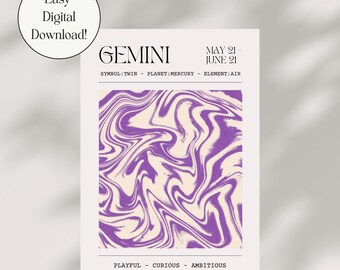 DESCARGA DIGITAL Impresión del zodiaco Géminis - Póster del signo astrológico - Regalos para ella - Chicas Géminis - Arte personalizado del zodiaco