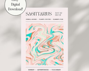 DIGITAL DOWNLOAD Sagittarius Wall Art Instant Download Personalised Zodiac Prints for Home - Zodiac Astrology Posters - Pastel Coloured Art