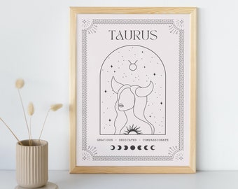 Taurus Tarot Card Print - Astrology Star Sign Poster - Zodiac Gifts for Her - Celestial Boho - Minimal Design