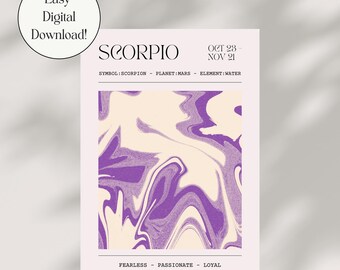 以下が含まれることがあります： 蠍座の星座が描かれたデジタルプリント。デザインには「SCORPIO」の文字、日付、サインに関連する要素が含まれています。背景は紫とクリーム色の抽象的なパターンです。下部のテキストは「FEARLESS - PASSIONATE - LOYAL」と書かれています。