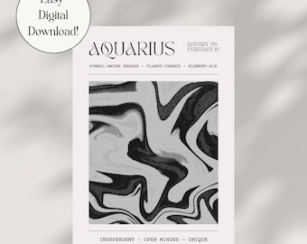 DIGITAL DOWNLOAD Aquarius Zodiac Print - Graphic Design Astrology Poster - Minimal Design
