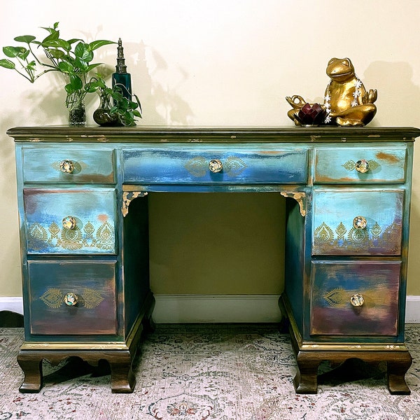 This item has SOLD***Vintage Desk Boho/Rustic Blue Purple Gold *posted only as EXAMPLE of WORK do not buy*