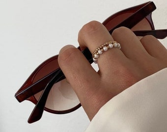 Anillos de perlas, anillos de oro blanco, joyería minimalista, estilo boho, regalo para novia, esposa, Día de la Madre, Día de San Valentín, Navidad, verano, lindo