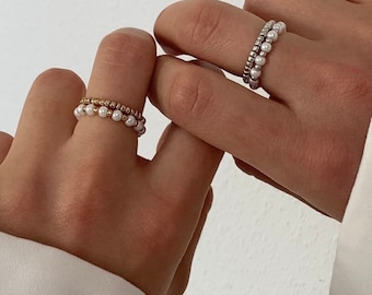 Anillos de perlas, anillos de oro blanco, joyería minimalista, estilo boho, regalo para novia, esposa, Día de la Madre, Día de San Valentín, Navidad, verano, lindo