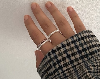 Pearl rings white gold ring set minimalist jewelry boho gift gift idea girlfriend wife summer Christmas