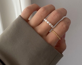 Pearl rings white gold minimalist jewelry summer sweet boho gift idea wife girlfriend birthday Christmas Mother's Day anniversary