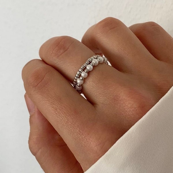 Perlenringe weiß silber minimalistisch Schmuck Boho Geschenk Geschenkidee Freundin Frau Muttertag Valentinstag