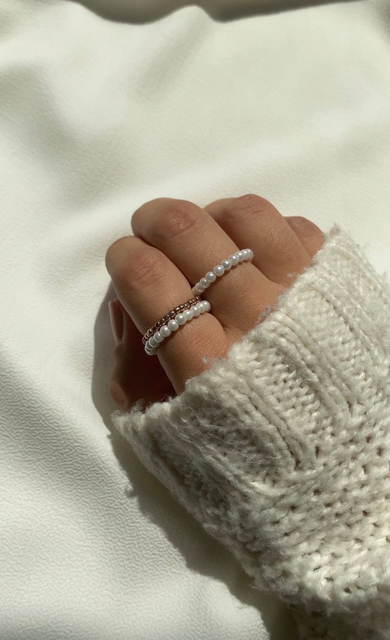 Pearl rings white gold ring set minimalist jewelry boho gift gift idea girlfriend wife summer christmas Bild 3