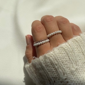 Pearl rings white gold ring set minimalist jewelry boho gift gift idea girlfriend wife summer christmas Bild 5