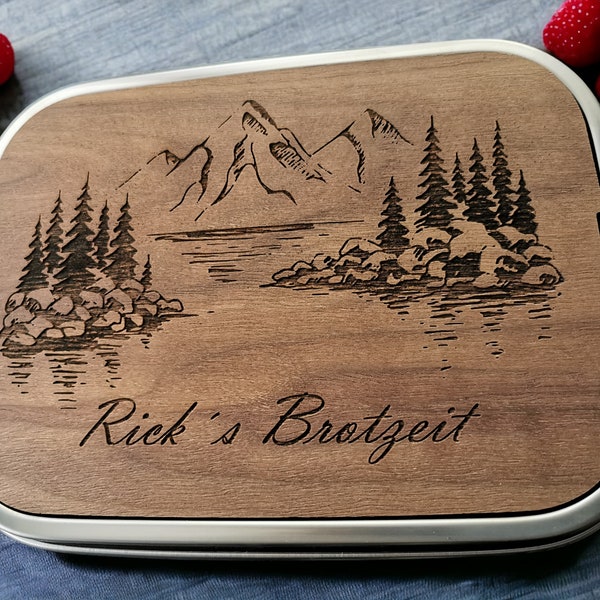 Personalisierte Brotdose, individueller Gravur, Edelstahlbrotdose mit Schneidebrettchen, Lunchbox, Geschenk, Berge, Bergmotiv, Muttertag