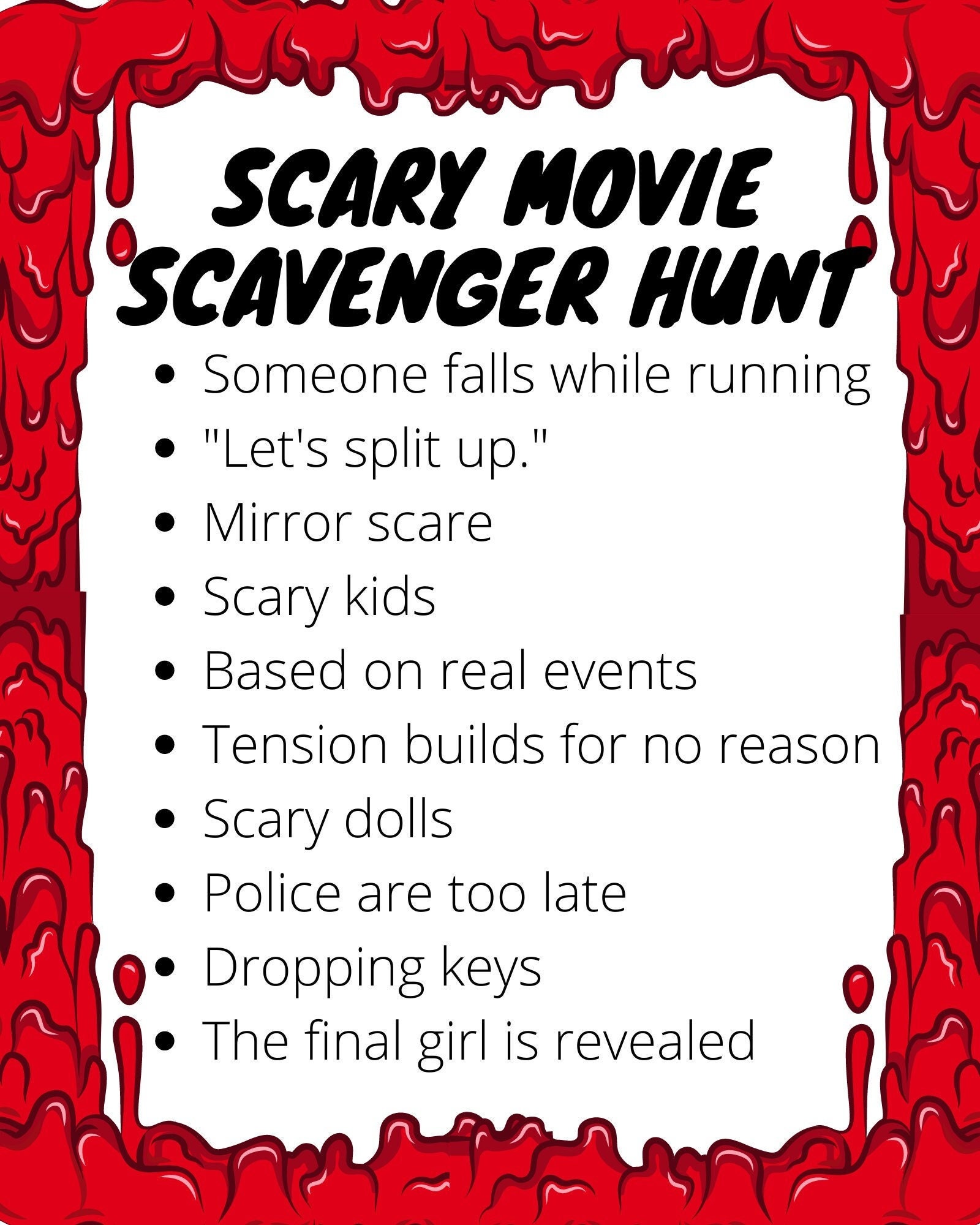 Scary Movie Scavenger Hunt Printable Etsy
