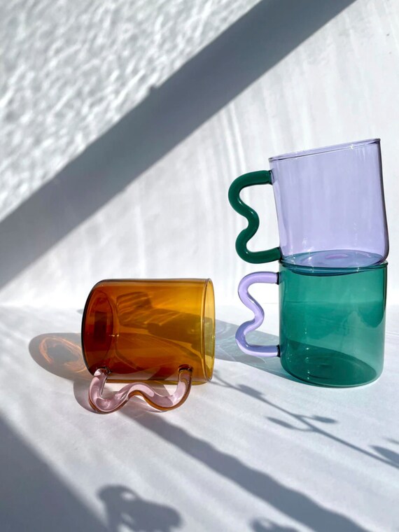 Glass Colorful Mugs Squiggle Handle Mug Pastel Wavy Cups Etsy