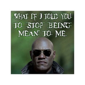 May include: Square poster featuring a bald man wearing sunglasses, with the text "WHAT IF I TOLD YOU TO STOP BEING MEAN TO ME" in green, glitch-style font. The background is a blurred green.