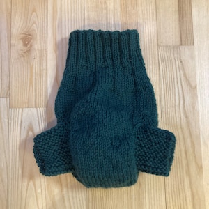 May include: A dark green knitted dog diaper with a thick, textured fabric.