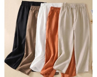 Pantalones de lino de algodón suave, pantalones de algodón de cintura elástica, pantalones casuales sueltos de pierna ancha, pantalones de verano, pantalones de mujer, pantalones de cintura alta para mujer