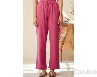 Rosafarbene Baumwoll-Leinenhose, elastische Taillen-Baumwollhose, weite Beinhose, Damenhose, Strandhose, Boho-Baumwollhose, Leinenkleidung,