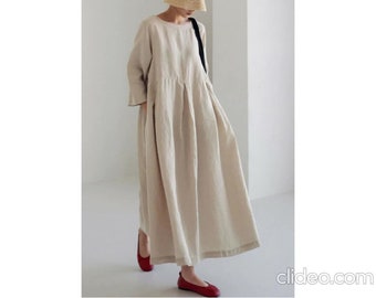 Robe en coton et lin pour femme, Robe d'été longue en coton, Robe midi à manches longues, Robe chemise décontractée, Robe longue en lin, Vêtements en lin pour femme,