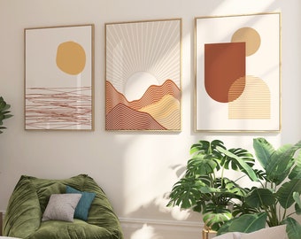 Set Of 3 Boho Wall Art, Beige Home Decor, Bohemian Poster Print, Nature Lover Gift, Modern Floral Wall Decoration, Kitchen Wall Hanging