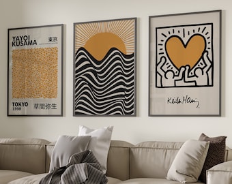 Set of 3 Sage Yellow Kusama, Keith Haring and Bauhaus Prints, Mustard Wall Art Poster Prints, Beige Wall Art Prints, Famous Artists Prints