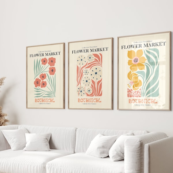 Set Of 3 Matisse Flower Market Prints, Boho Flower Art, Bedroom Wall Décor, Living Room Print, Exhibition Mid Century Modern Art Prints