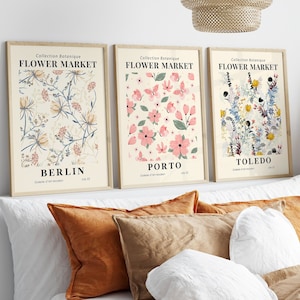 Set Of 3 Flower Market Prints, Boho Flower Art, Bedroom Wall Décor, Living Room Print, Vintage Exhibition Mid Century Modern Art Prints