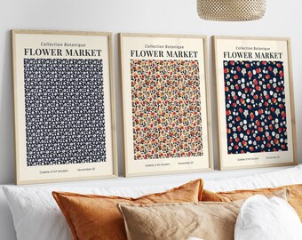 Set Of 3 William Morris Flower Market Prints, Boho Flower Art, Bedroom Living Room Decor Print, Vintage Exhibition Mid Century Modern Art