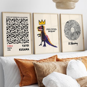 Set of 3 Yayoi Kusama, Basquiat, Keith Haring Prints, Yellow Grey Wall Art Prints, Beige Gallery Wall Art Prints, Famous Artists Wall Art