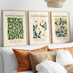 Set Of 3 Matisse Flower Market Prints, Boho Flower Art, Bedroom Wall Décor, Living Room Print, Exhibition Mid Century Modern Art Prints