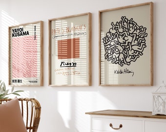 Set di 3 stampe di Picasso, Keith Haring e Yayoi Kusama, stampe d'arte della parete gialla, poster gialli, stampe d'arte della parete beige, stampe di artisti famosi