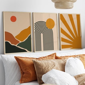 Set of 3 Boho Landscape Abstract Wall Art Prints, Nordic Wall Decor Posters, Scandinavian Wall Art, Green, Mustard, Wall Art,Boho Home Decor