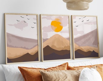 Set of 3 Boho Landscape Abstract Wall Art Prints, Nordic Wall Decor Posters, Scandinavian Wall Art, Brown Sunset Wall Art, Boho Home Decor