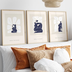 Set Of 3 Matisse Style Flower Illustration Prints, Botanical Wall Art, Boho Home Decor, Bohemian Poster Print, Modern Beige Wall Decoration
