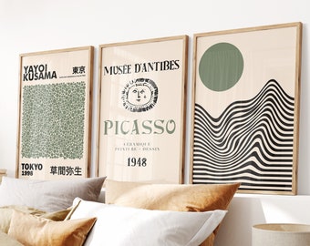 Set of 3 Sage Green Yayoi Kusama, Picasso and Bauhaus Prints, Green Wall Art Poster Prints, Beige Wall Art Prints, Famous Artists Prints