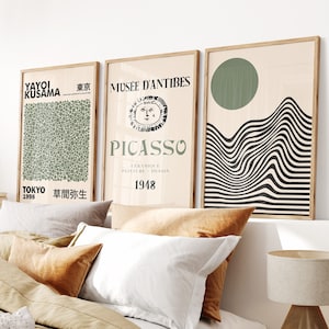 Set of 3 Sage Green Yayoi Kusama, Picasso and Bauhaus Prints, Green Wall Art Poster Prints, Beige Wall Art Prints, Famous Artists Prints