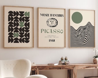 Set of 3 Yayoi Kusama, Bauhaus, Picasso Prints, Sage Green Wall Art Prints, Beige Gallery Wall Art Prints, Famous Artists Modern Wall Art