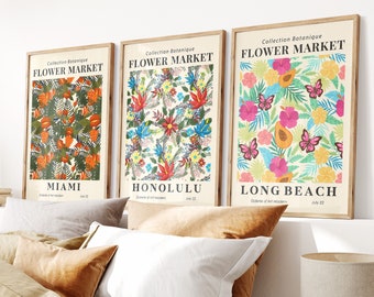 Set Of 3 Flower Market Prints, Boho Flower Art, Bedroom Wall Décor, Living Room Print, Vintage Exhibition Mid Century Modern Art Prints