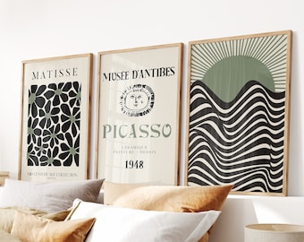 Set of 3 Sage Green Henri Matisse, Picasso and Bauhaus Prints, Green Wall Art Poster Prints, Beige Wall Art Prints, Famous Artists Prints