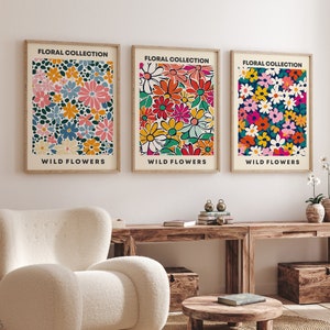 Conjunto de 3 pôsteres de impressão de arte floral, decoração de parede de flores, arte de parede de galeria botânica, pôsteres de natureza, ilustração de flores, decoração estética de casa