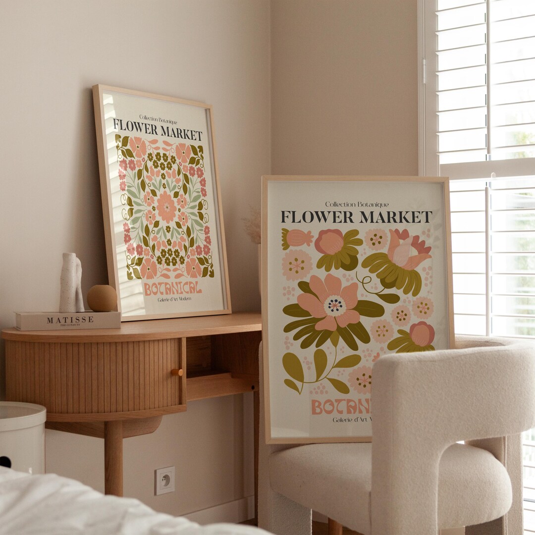 Botanical Wall Art Print Set of 2, Vintage Floral Flower Market Prints ...