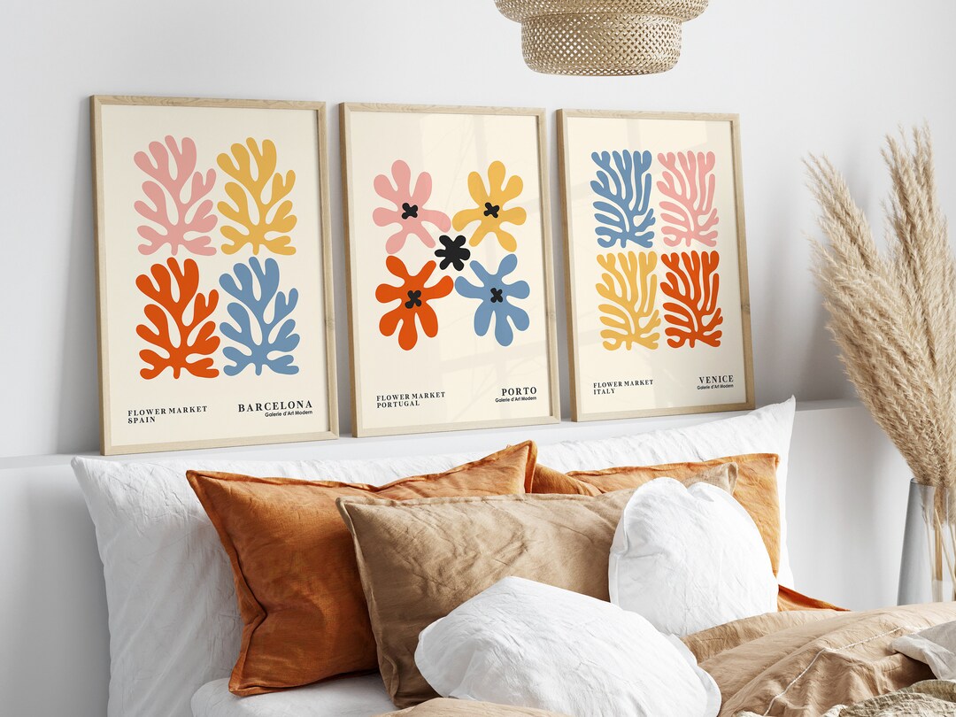 Flower Market Wall Art Set of 3, Botanical Travel Prints, Colorful ...