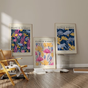Blumenmarkt Wandkunst 3er-Set, Botanische Drucke, rosa gelb blaue Blumenposter, moderne Vintage-Wanddekoration, buntes Galerie-Set