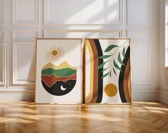 Juego de 2 impresiones de arte mural abstracto, pósteres geométricos modernos de sol y línea